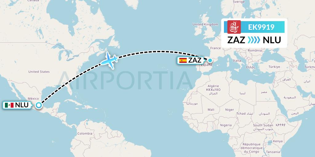 EK9919 Emirates Flight Map: Zaragoza to Reyes Acozac