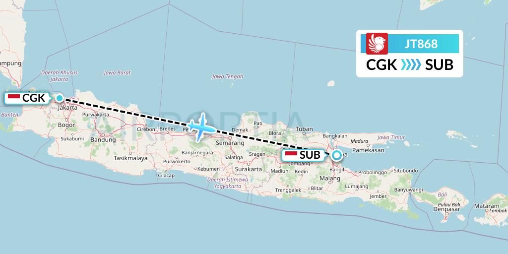 JT868 Lion Airlines Flight Map: Jakarta to Surabaya