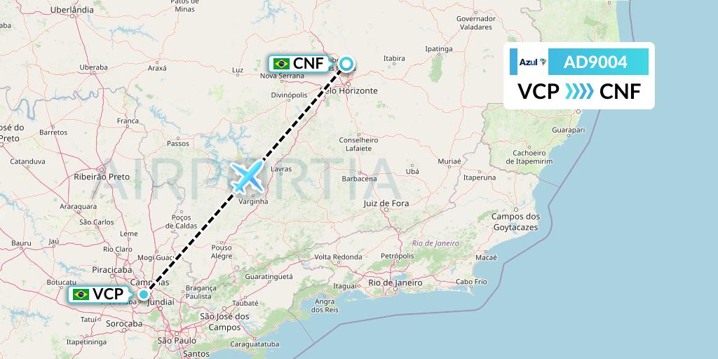 AD9004 Azul Brazilian Airlines Flight Map: Campinas to Belo Horizonte