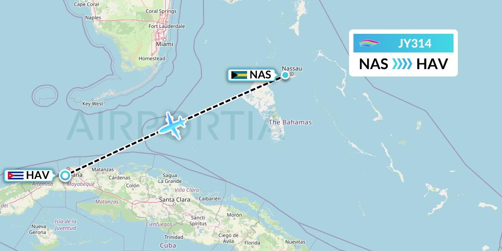 JY314 InterCaribbean Airways Flight Map: Nassau to Havana