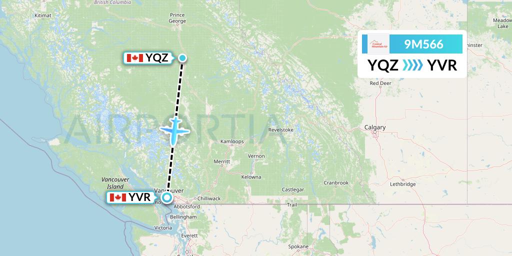 9M566 Central Mountain Air Flight Map: Quesnel to Vancouver