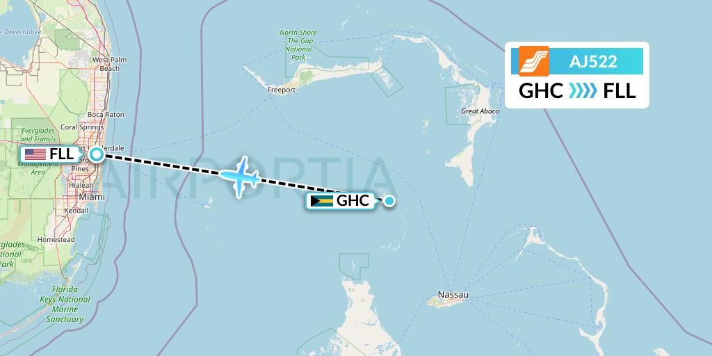 AJ522 Aztec Airways Flight Map: Bahamas to Fort Lauderdale
