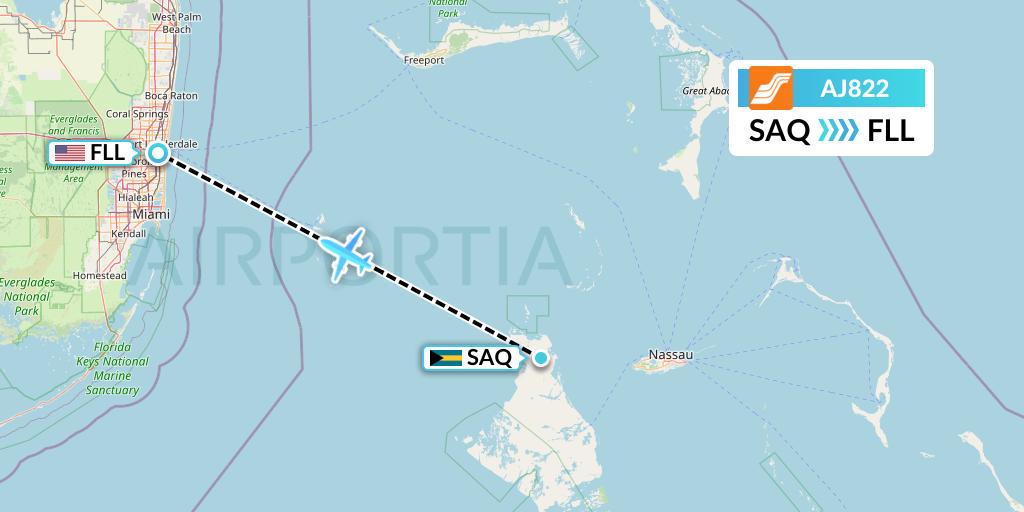 AJ822 Aztec Airways Flight Map: San Andros to Fort Lauderdale