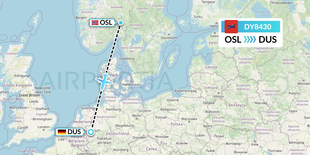DY8430 Norwegian Flight Map: Oslo to Dusseldorf