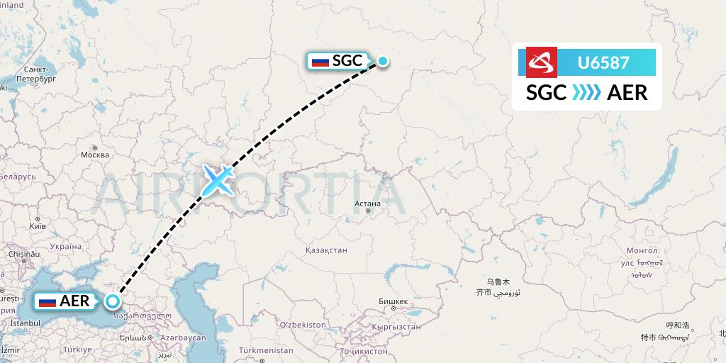 U6587 Ural Airlines Flight Map: Surgut to Sochi