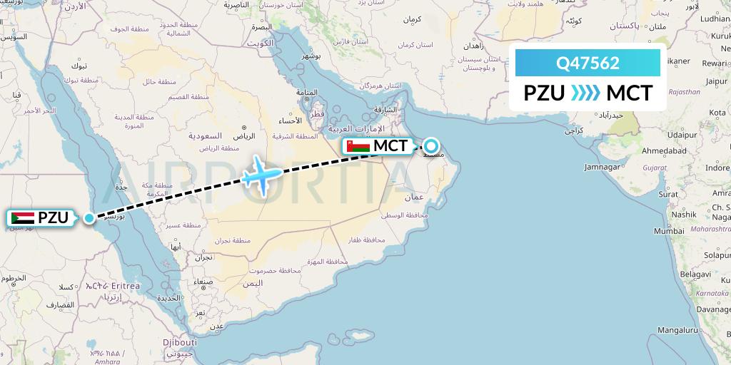 Q47562 Euroairlines Flight Map: Port Sudan to Muscat