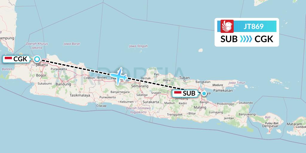 JT869 Lion Airlines Flight Map: Surabaya to Jakarta