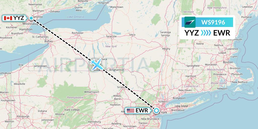 WS9196 WestJet Flight Map: Toronto to New York