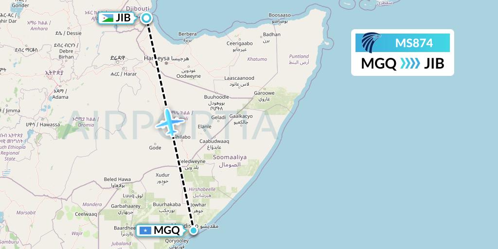 MS874 EgyptAir Flight Map: Mogadishu to Djibouti