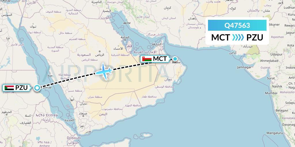 Q47563 Euroairlines Flight Map: Muscat to Port Sudan