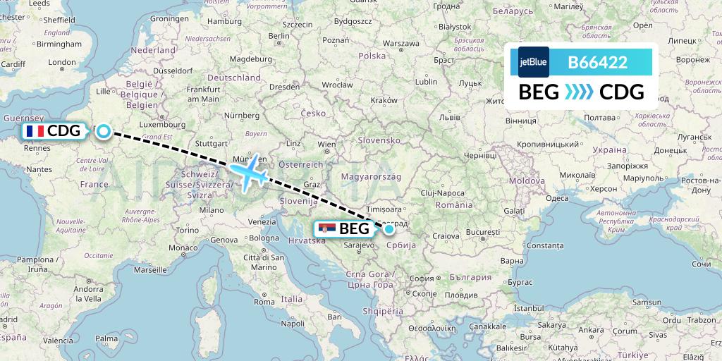 B66422 JetBlue Airways Flight Map: Belgrade to Paris