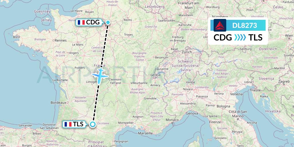 DL8273 Delta Air Lines Flight Map: Paris to Toulouse