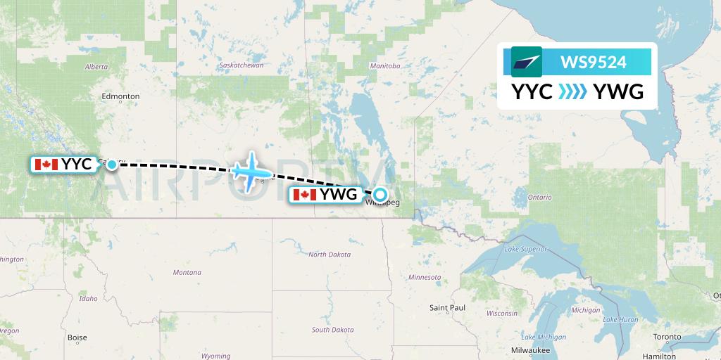 WS9524 WestJet Flight Map: Calgary to Winnipeg