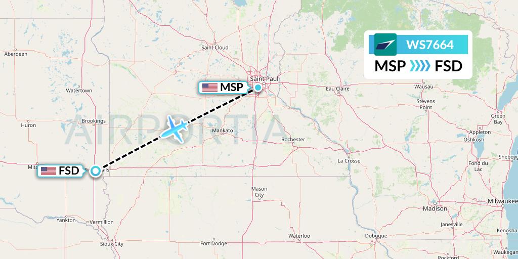 WS7664 WestJet Flight Map: Minneapolis to Sioux Falls