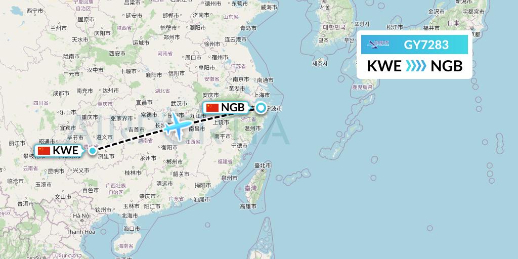 GY7283 Colorful GuiZhou Airlines Flight Map: Guiyang to Ningbo