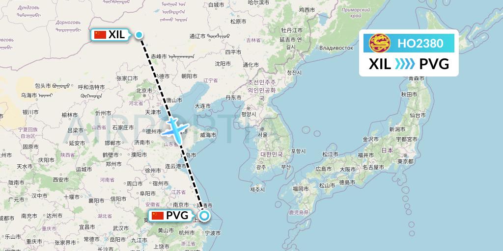 HO2380 Juneyao Airlines Flight Map: Xilinhot to Shanghai