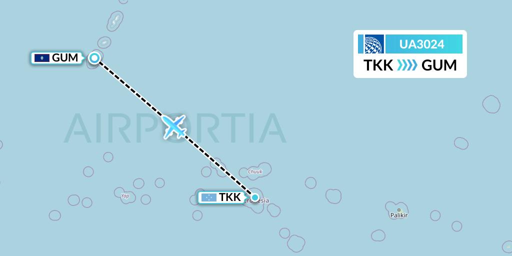 UA3024 United Airlines Flight Map: Chuuk to Guam