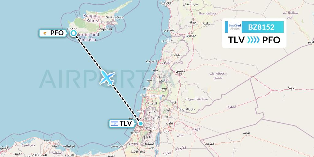 BZ8152 Bluebird Airways Flight Map: Tel Aviv to Pafos