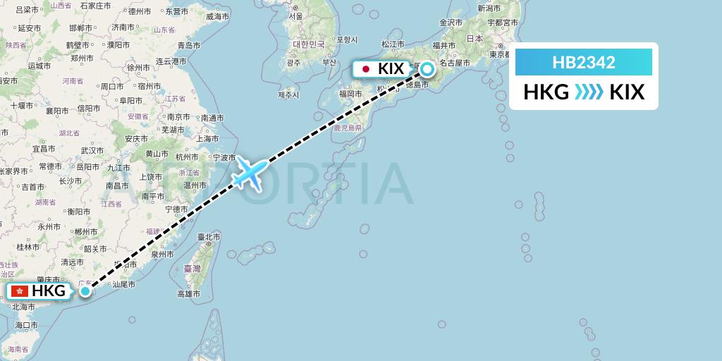 HB2342 Greater Bay Airlines Flight Map: Hong Kong to Osaka