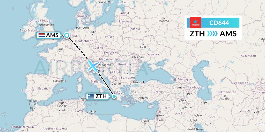 CD644 Dutch Corendon Airlines Flight Map: Zakynthos to Amsterdam
