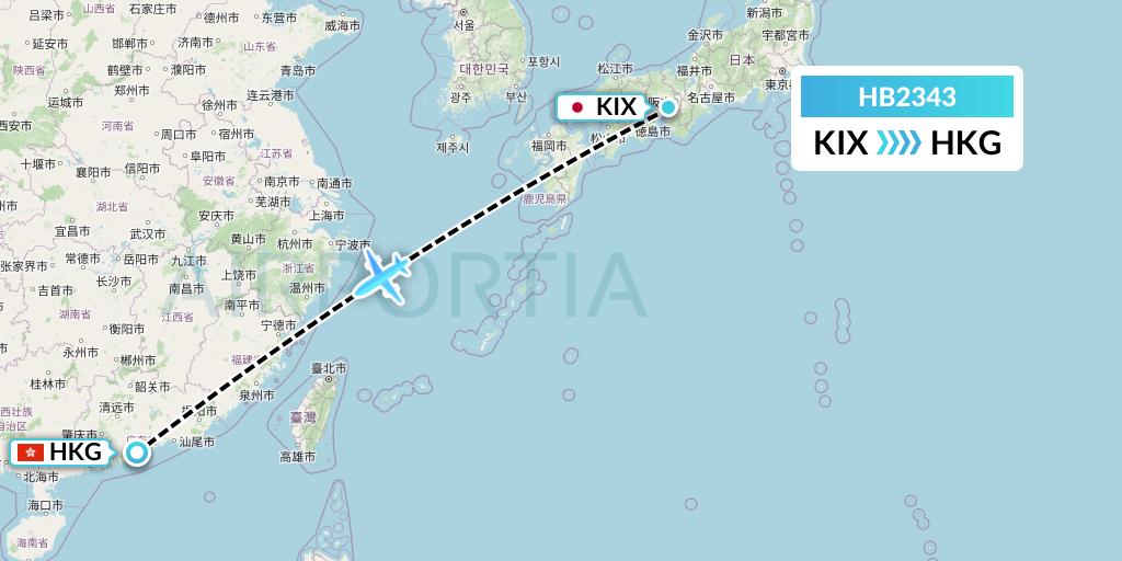 HB2343 Greater Bay Airlines Flight Map: Osaka to Hong Kong
