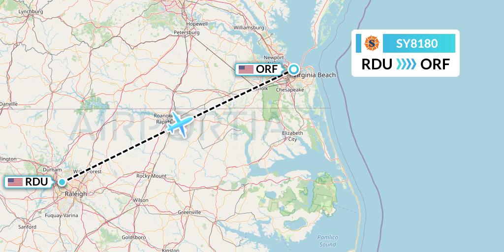 SY8180 Sun Country Airlines Flight Map: Raleigh-Durham to Norfolk
