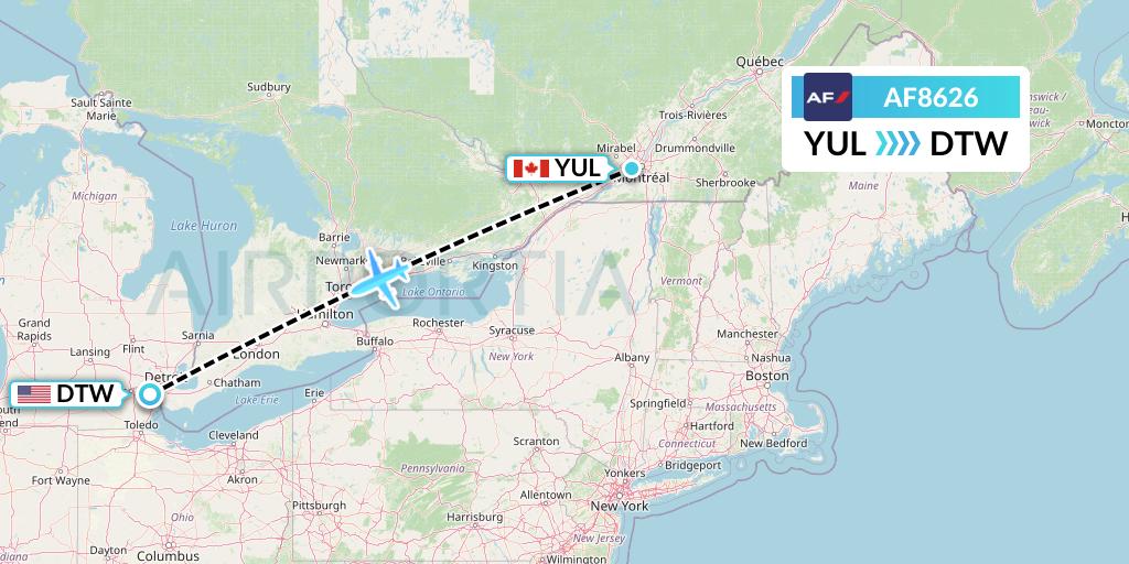 AF8626 Air France Flight Map: Montreal to Detroit