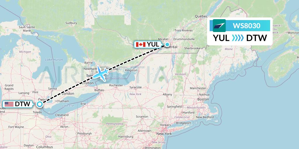 WS8030 WestJet Flight Map: Montreal to Detroit