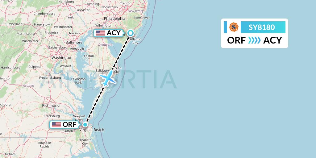 SY8180 Sun Country Airlines Flight Map: Norfolk to Atlantic City