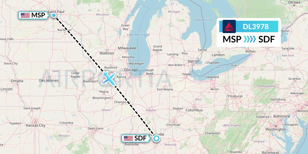 DL3978 Delta Air Lines Flight Map: Minneapolis to Louisville