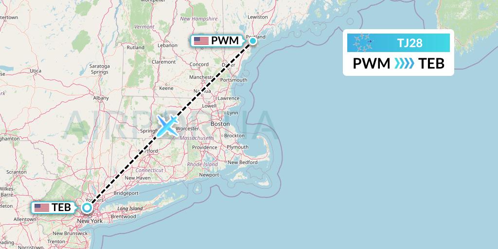 TJ28 Tradewind Aviation Flight Map: Portland to Teterboro