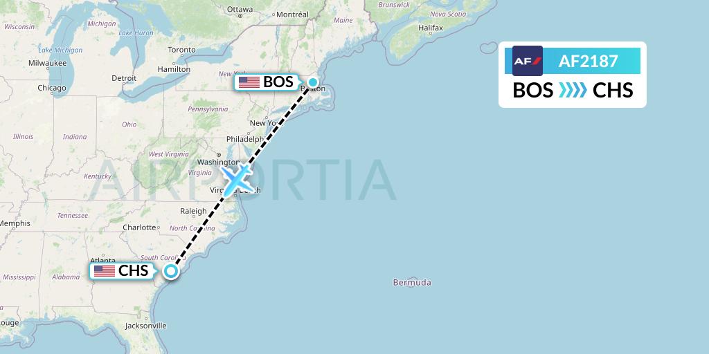 AF2187 Air France Flight Map: Boston to Charleston