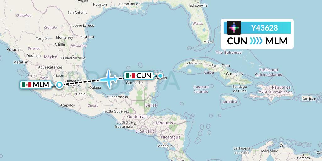 Y43628 Volaris Flight Map: Cancun to Morelia