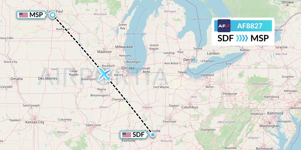 AF8827 Air France Flight Map: Louisville to Minneapolis