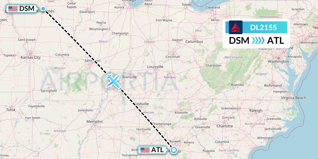 DL2155 Delta Air Lines Flight Map: Des Moines to Atlanta