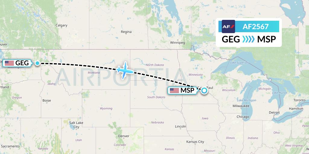 AF2567 Air France Flight Map: Spokane to Minneapolis