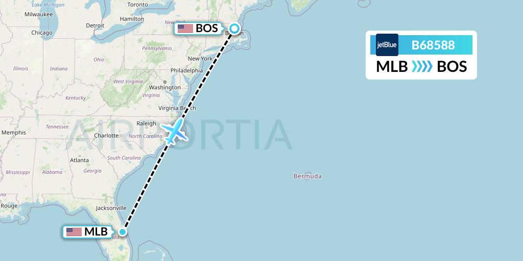 B68588 JetBlue Airways Flight Map: Melbourne to Boston