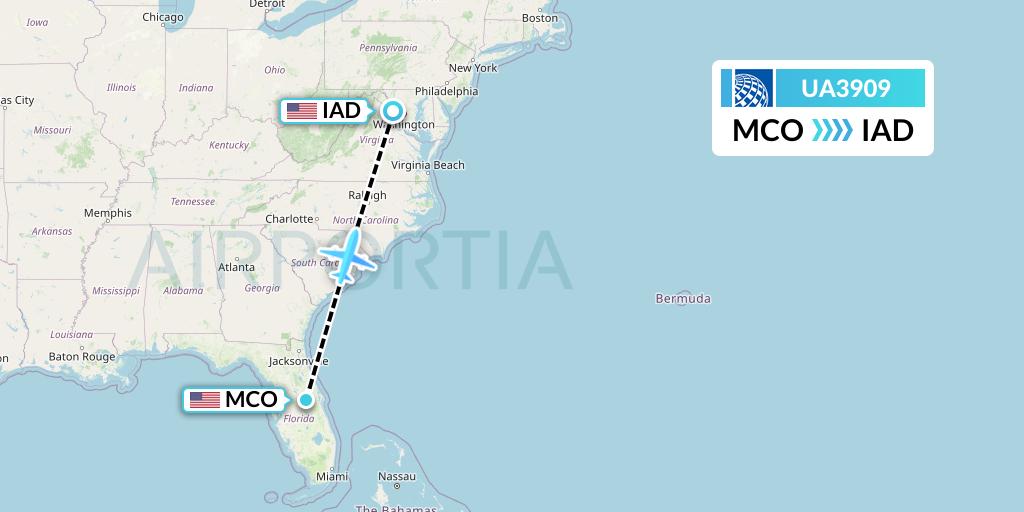 UA3909 United Airlines Flight Map: Orlando to Washington