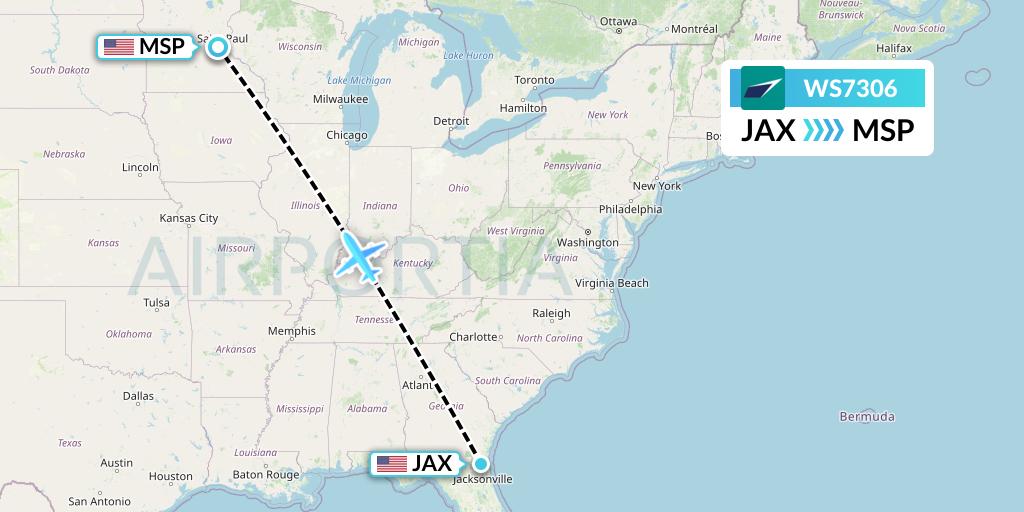 WS7306 WestJet Flight Map: Jacksonville to Minneapolis