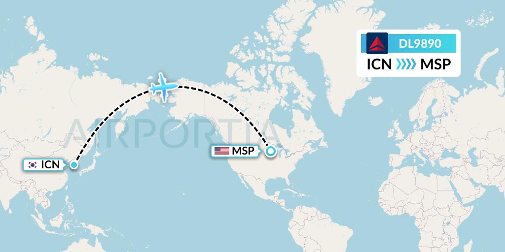 DL9890 Delta Air Lines Flight Map: Seoul to Minneapolis