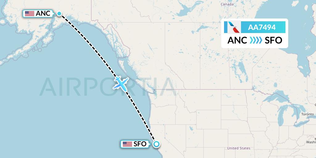 AA7494 American Airlines Flight Map: Anchorage to San Francisco