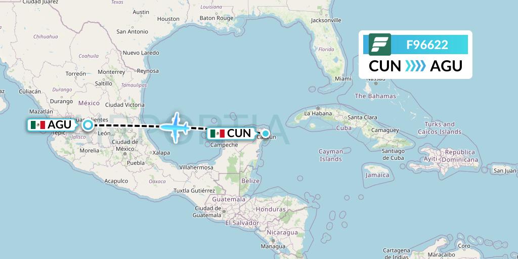 F96622 Frontier Airlines Flight Map: Cancun to Aguascalientes