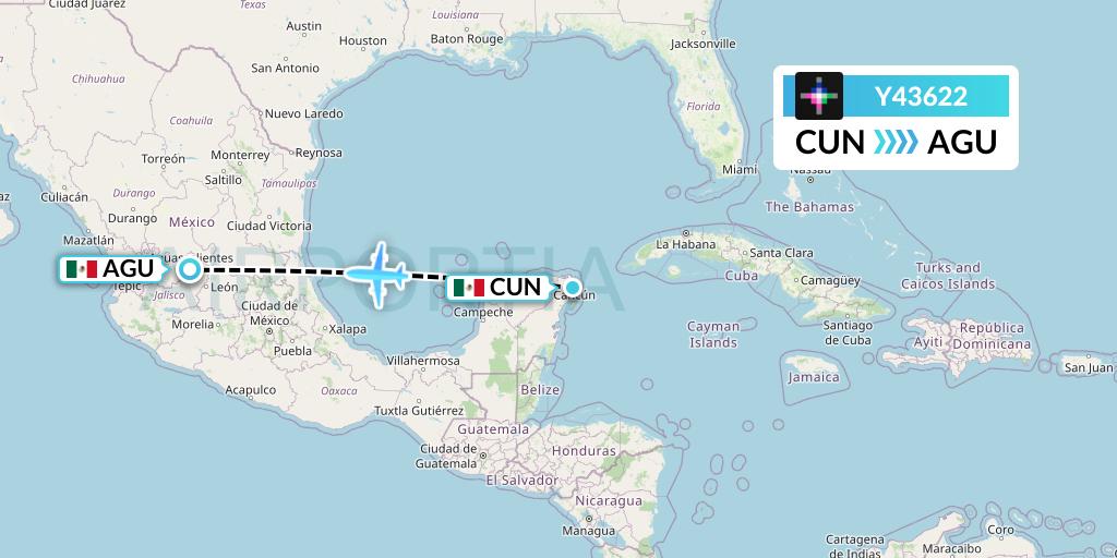 Y43622 Volaris Flight Map: Cancun to Aguascalientes