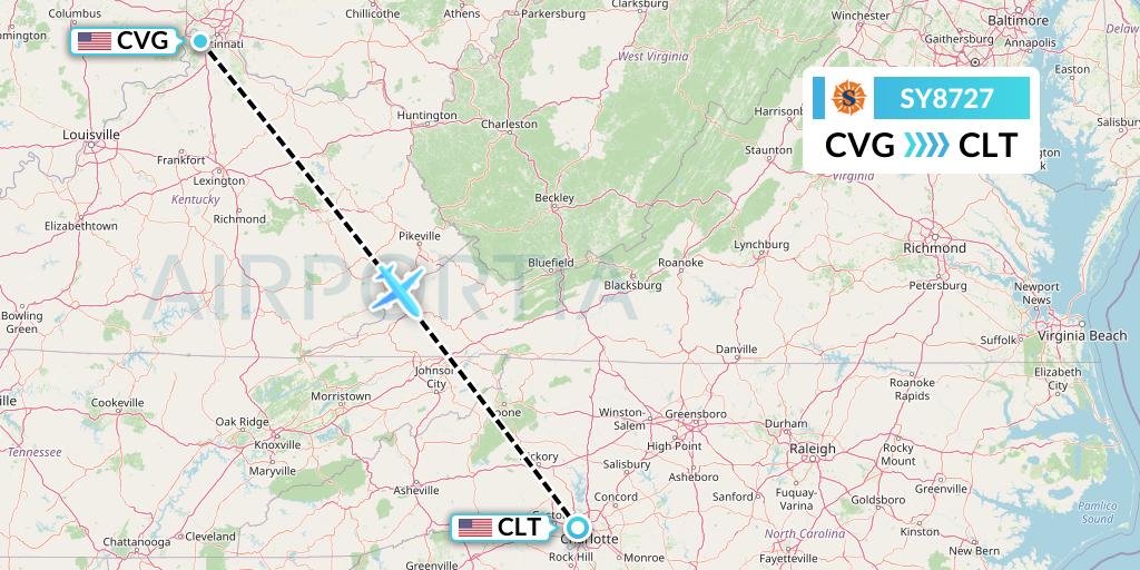 SY8727 Sun Country Airlines Flight Map: Cincinnati to Charlotte