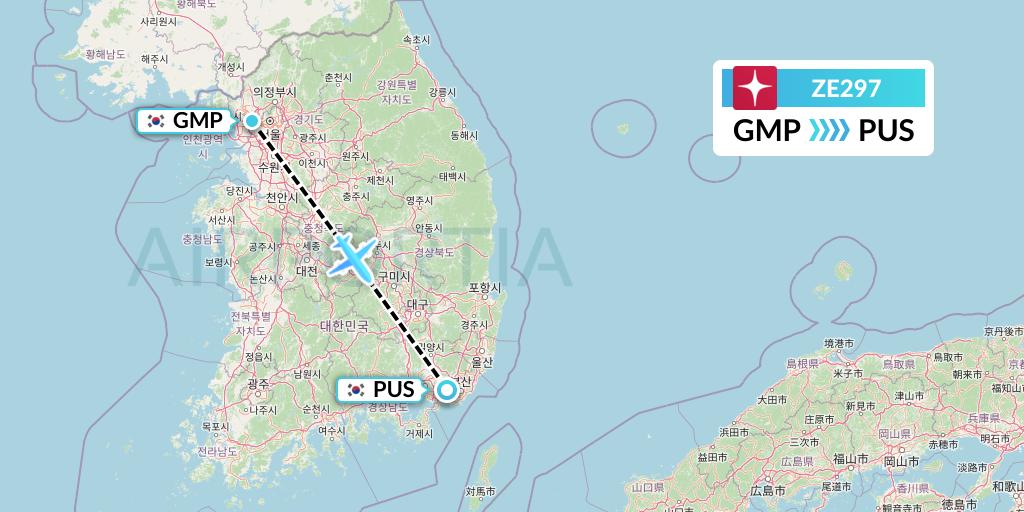 ZE297 Eastar Jet Flight Map: Seoul to Busan
