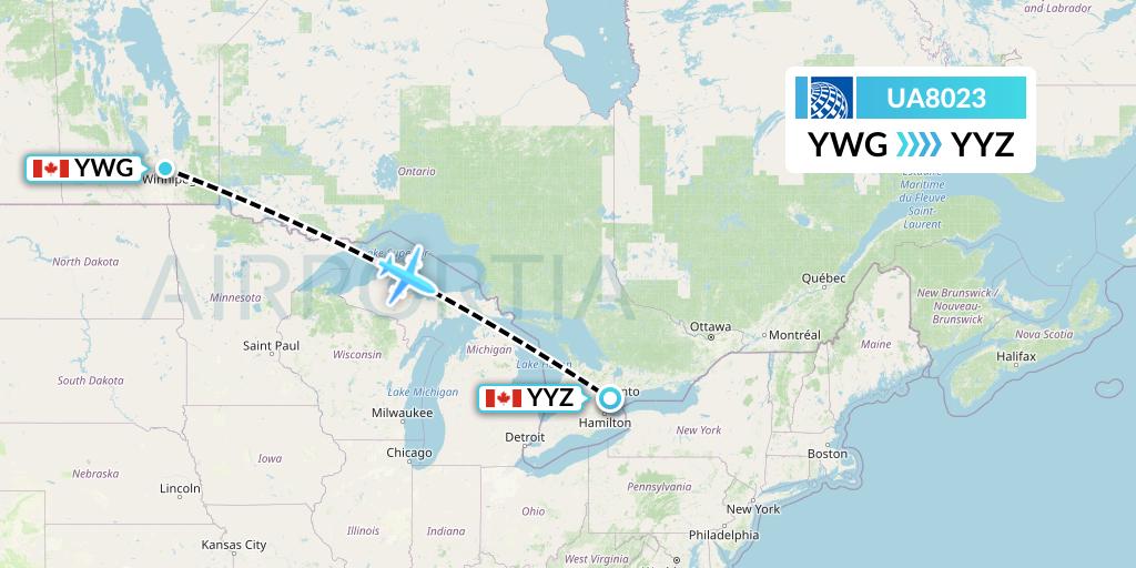 UA8023 United Airlines Flight Map: Winnipeg to Toronto