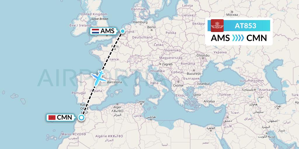 AT853 Royal Air Maroc Flight Map: Amsterdam to Casablanca