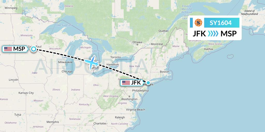 SY1604 Sun Country Airlines Flight Map: New York to Minneapolis
