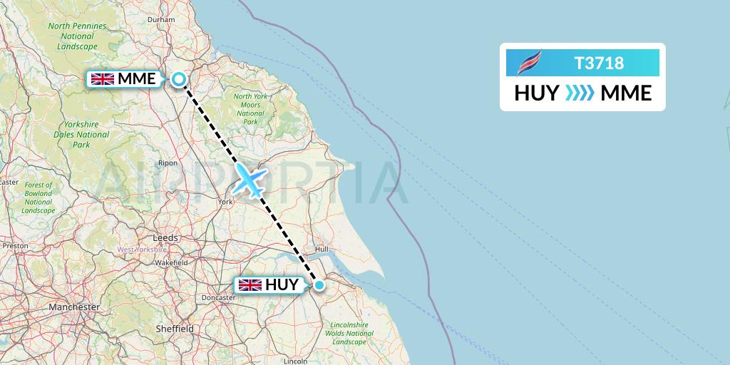 T3718 Eastern Airways Flight Map: Humberside to Darlington