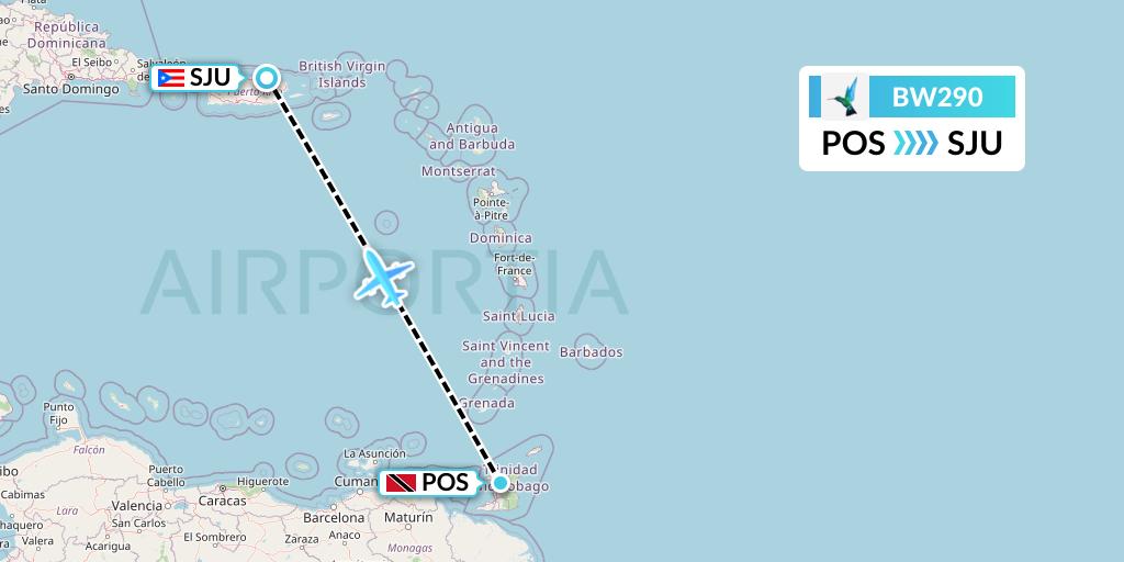 BW290 Caribbean Airlines Flight Map: Port of Spain to San Juan